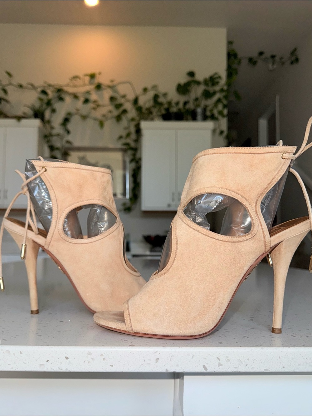 Aquazzura Nude Beige Suede Cutout Lace-Up Peep-Toe Heels